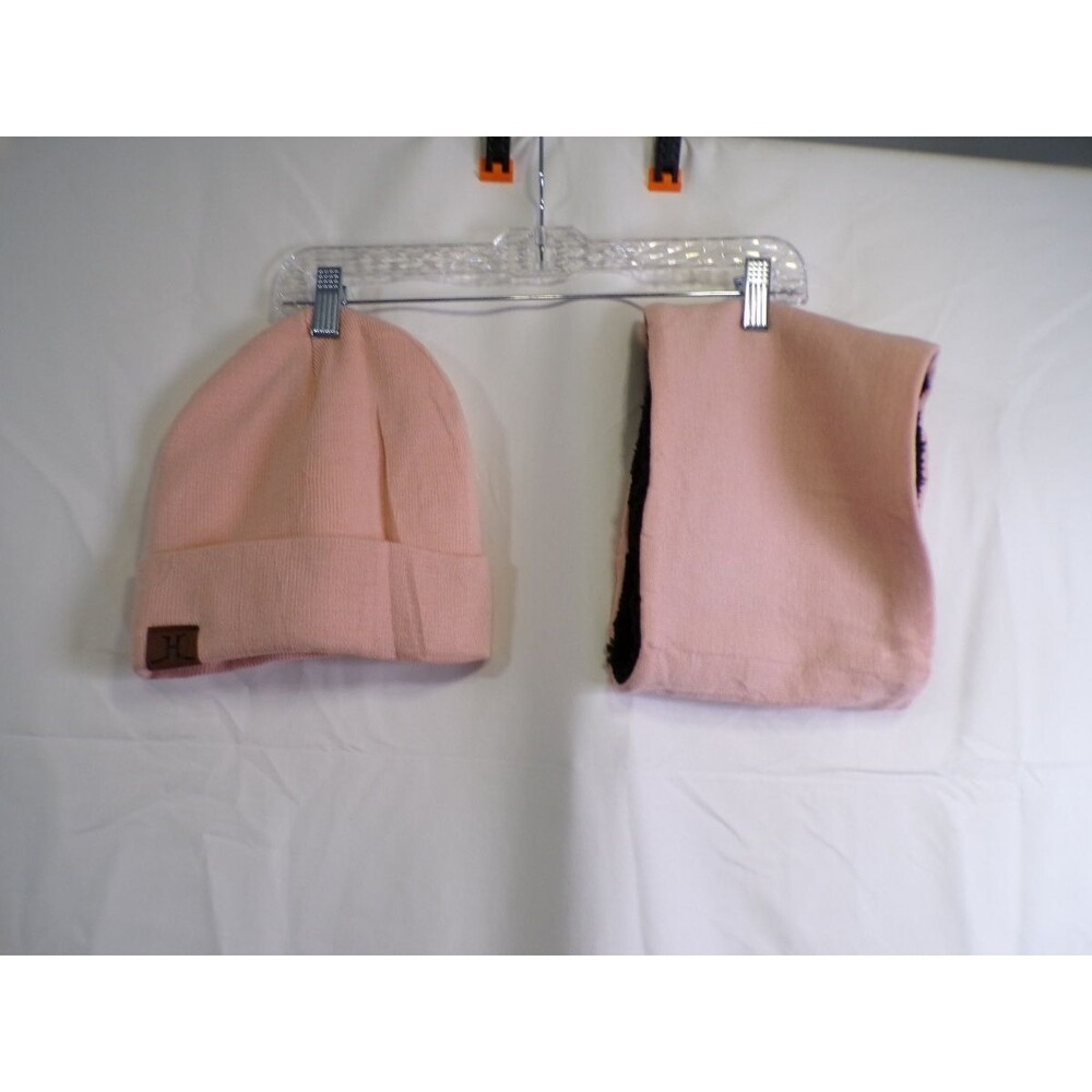 H Pink Knit Beanie Lined Acrylic Folded Cuff Leather Patch Women's One Size